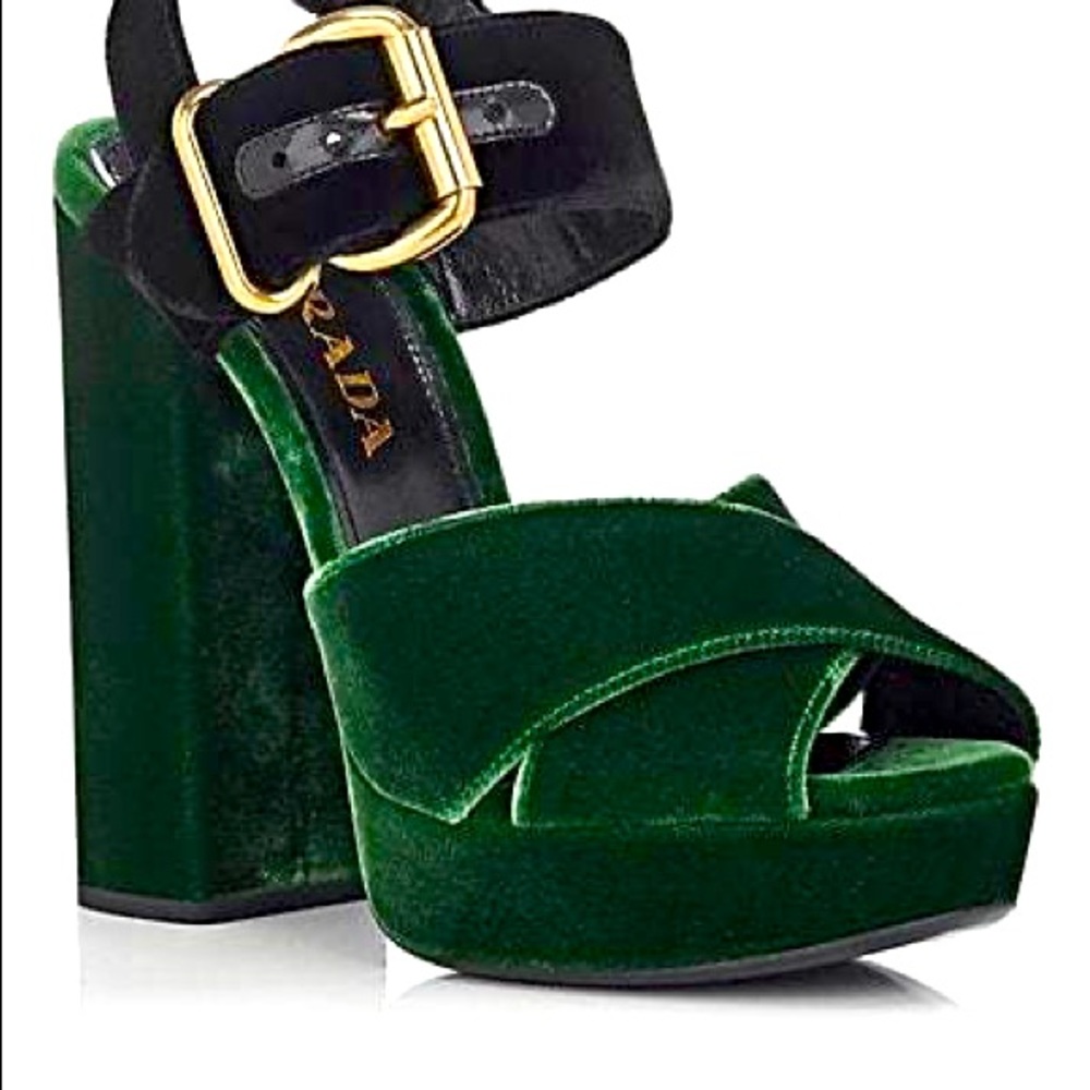 PRADA
Velvet Platform Sandals In Green/Black 391/2 - Picture 1 of 16